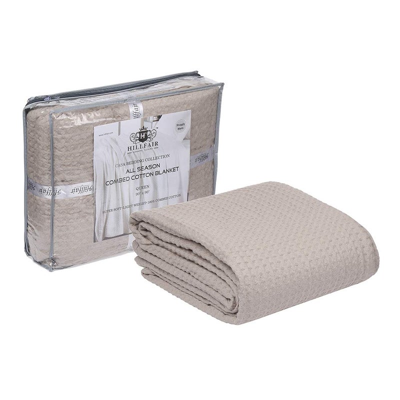 HILLFAIR 100% Combed Cotton Blanketâ€“ King Size Bed Blanketsâ€“ Warm Soft All Season Breathable Lightweight Summer Blanketsâ€“ Waffle Weave Home Decor Bed Blanket- Khaki King Bed Cotton Blankets/Bedcovers - Image 1